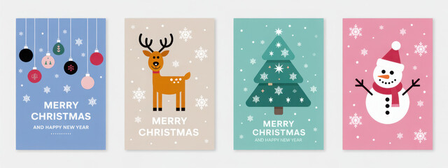 Set of Christmas greeting cards with cute cartoon characters including a reindeer snowman and Christmas tree vector illustration for holiday designs