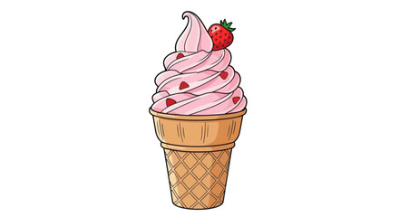 Strawberry Soft Serve Ice Cream Cone with Fresh Strawberry Topping.