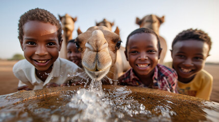 Herd of camels at a desert well, kids laughing and splashing, Africa, camels, desert, water, well, community, travel, culture, with copy space
