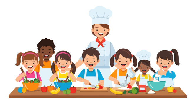 A female chef teaches a group of happy diverse children in a cooking class illustration.