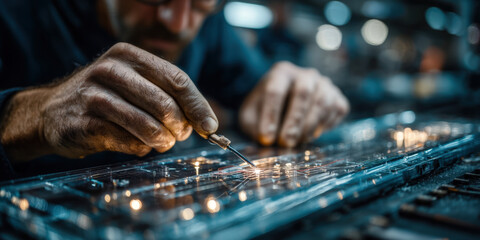 Technicians heating shrink tubing on soldered wire joint with reflective shield in workshop