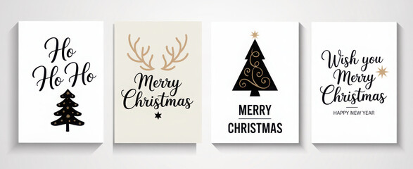 Set of Christmas greeting cards featuring festive typography and holiday illustrations perfect for seasonal designs and celebrations