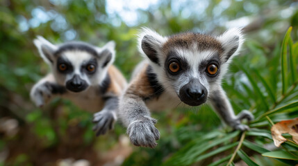 Obraz premium Lemurs leaping between branches in Madagascar forest, curious eyes, Africa, lemurs, rainforest, wildlife, Madagascar, nature, primates, with copy space