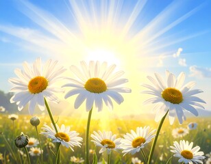 Beautiful daisies bloom in sunlight under a bright blue sky on a sunny day