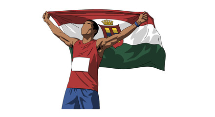 Athlete triumphantly raises the flag, celebrating victory and national pride, arms raised in a gesture of accomplishment.