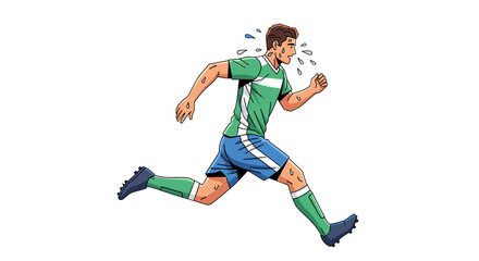 A soccer player is running very fast, he is sweating and trying to win the game and score a goal for his team.