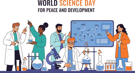 Diverse scientists celebrating world science day for peace and development team of researchers in lab coats
