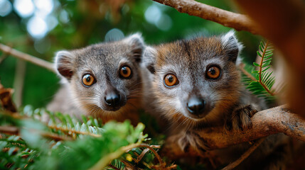 Obraz premium Lemurs leaping between branches in Madagascar forest, curious eyes, Africa, lemurs, rainforest, wildlife, Madagascar, nature, primates, with copy space