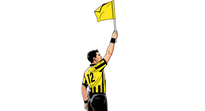 Assistant referee signals with a yellow flag raised high, indicating an offside or other infringement on the soccer field.
