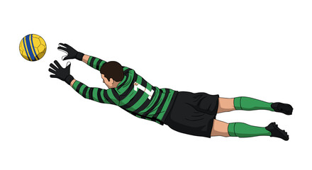 A soccer goalkeeper dives through the air to attempt to block a soccer ball from going into the goal to score.