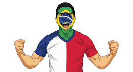 A vibrant cartoon of a fan exuding patriotic fervor with the colors of a nation painted boldly on their face and jersey.