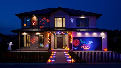Halloween decor extravaganza festive home transformations urban neighborhood nighttime photography spooky atmosphere
