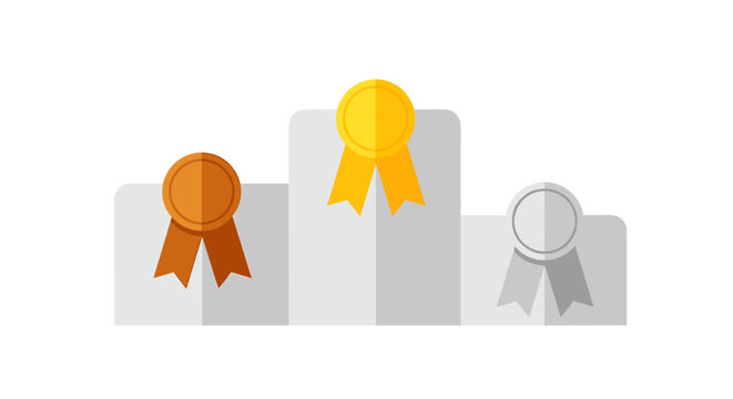 Podium with gold, silver, and bronze medals. The concept of victory, success, and achievement. Celebration of winning.