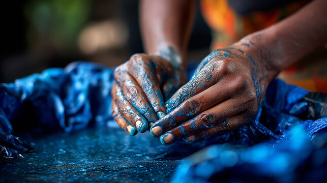 Artisan dyeing indigo cloth in a courtyard vat, hands stained blue, Africa, indigo, textile, dyeing, craft, tradition, fashion, color, with copy space