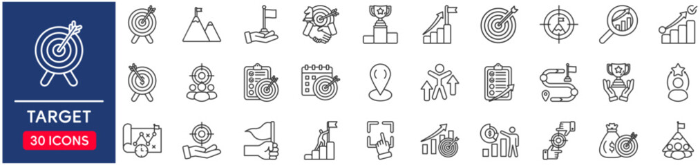Target set of web icons in line style. vector illustration concept relate to sight, line, isolated, financial, businessman, shoot, shot, icon, target, sharpened, mission, scope, person, set, achieve