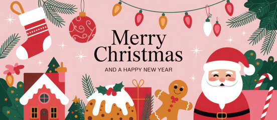 Horizontal Christmas banner with Traditional Christmas elements.
