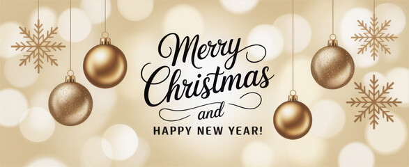 Merry Christmas and Happy New Year banner. Xmas background with realistic festive decorative design elements. Pine and spruce branches, gift box, pine cone, orange, ball bauble. Flat lay, top view