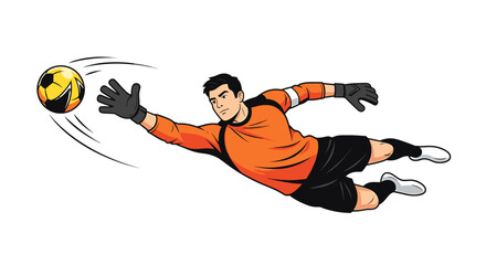 A soccer goalkeeper with orange shirt is diving to catch a soccer ball with a determined look on his face.