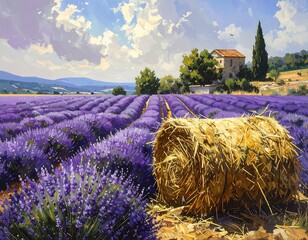 Beautiful painting of a lavender field with a haystack and a house under the blue sky