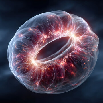 Electric toroid ring with glowing filament arcs and corona sparks on navy background
