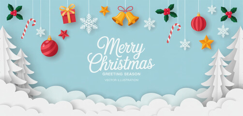 Winter christmas composition in paper cut style.Merry Christmas text Calligraphic Lettering Vector illustration.
