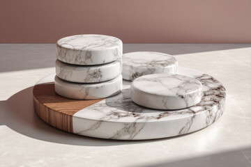 Blank coaster set on marble tray with soft shadows and spacious caption area