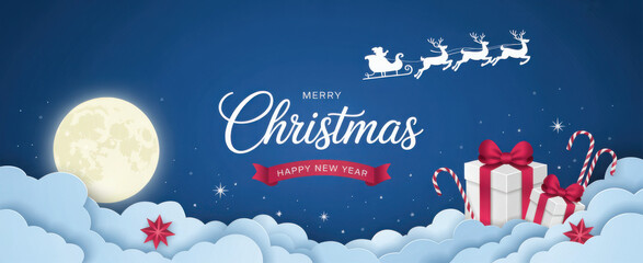 Winter christmas composition in paper cut style.Merry Christmas text Calligraphic Lettering and Santa Claus on the sky Vector illustration.
