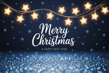 Merry Christmas and happy new year, Christmas stars lights with falling snow, snowflakes, Winter and new year holidays.
