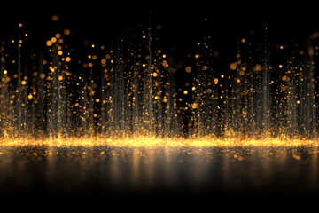 Gold confetti particles cascade from clustered upper band on black background