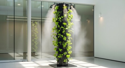 The future of sustainable urban agriculture shown with a high-tech vertical aeroponic garden tower using an automated misting system