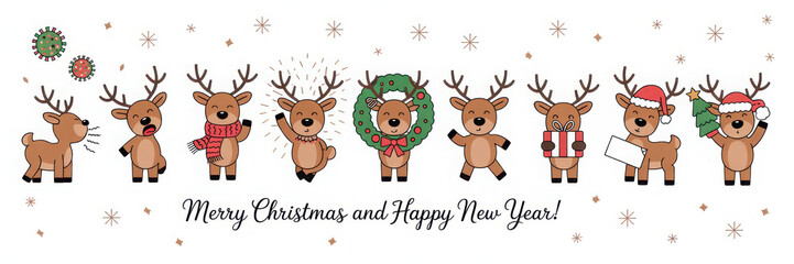 Christmas deers. Merry christmas and Happy New Year, funny holiday banner. Vector illustration.
