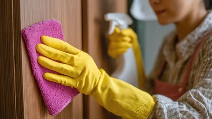 Close-up of a person wearing yellow rubber gloves using a pink sponge and spray bottle to clean wooden cabinetry in a bright kitchen environment