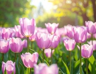 Beautiful Pink Tulips Blooming in a Sunny Garden with Soft Focus Background