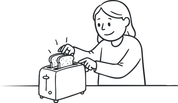 A person using a toaster to prepare toast in a kitchen setting with a cheerful expression.