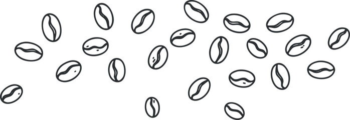 A scattering of coffee beans illustrating their shape and texture for beverage or food themes.