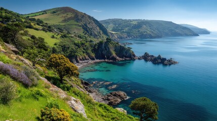 Scenic Coastal Landscape with Lush Green Hills, Calm Blue Waters, and Rocky Shoreline, Ideal for Nature Photography and Travel Inspiration