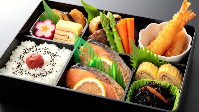 A beautifully arranged Japanese bento box featuring salmon, shrimp, and vegetables