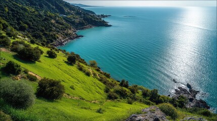 Obraz premium Breathtaking Coastal View Overlooking Tranquil Blue Waters Surrounded by Lush Green Hills Under a Bright Sunny Sky in a Picturesque Natural Landscape