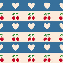 Blue and White Hearts and Cherries Stripe Pattern