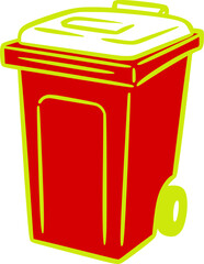 Red trash bin with yellow outline and wheels trash can garbage bin