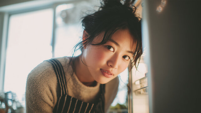 冷蔵庫の中を覗き込む日本人女性のキッチン時間の描写