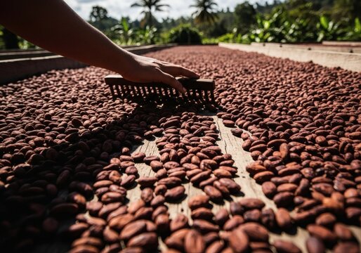 Artisanal Cocoa Beans Fermenting on Rustic Wooden Bed
