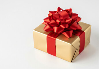 Obraz premium Elegant and Simple Christmas Gift Box Wrapped in Gold Paper with a Red Ribbon on a White Background with Copy Space