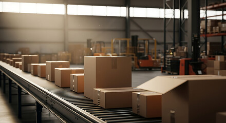 Efficiently moving cardboard boxes on a conveyor belt within a modern warehouse, showcasing logistics and distribution processes in action.