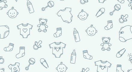 Naklejka premium Seamless pattern of cute baby icons in outline style on a light blue background.