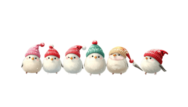 Cute hen and rooster animals celebrate the holiday season with Santa Claus hats and winter snow decoration isolated on red