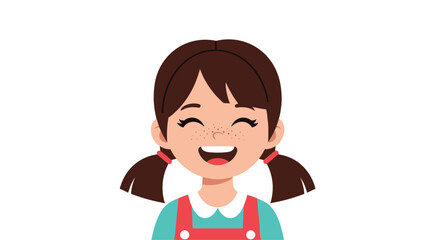 Obraz premium A happy young girl with pigtails and freckles is laughing joyfully, dressed in a blue shirt and red overalls against a white background.