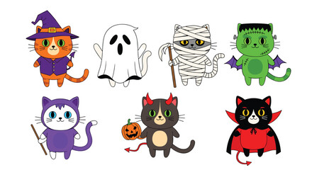 A collection of cute cartoon cats in various Halloween costumes, including a witch, ghost, mummy, Frankenstein, devil, and vampire.