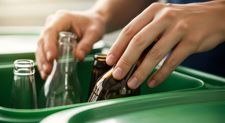 Hands carefully sort glass bottles into a vibrant green recycling bin, promoting environmental responsibility and sustainable living practices.