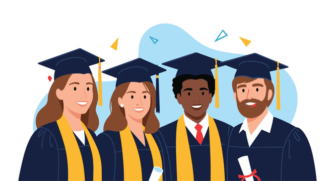 A diverse group of four graduates in academic regalia celebrate their achievement together.
